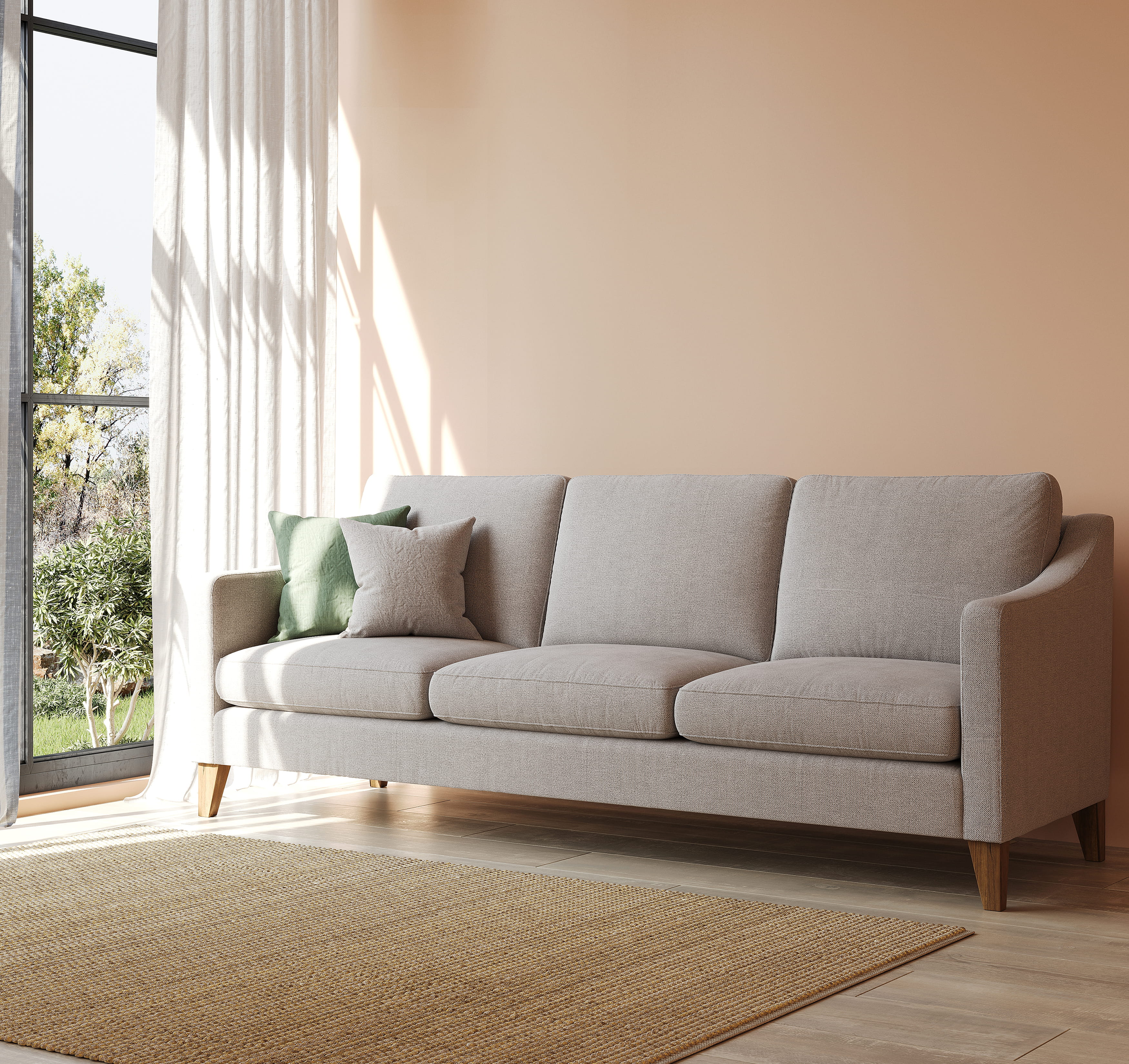 Minimal sofa setup with cushions in bright living room interior