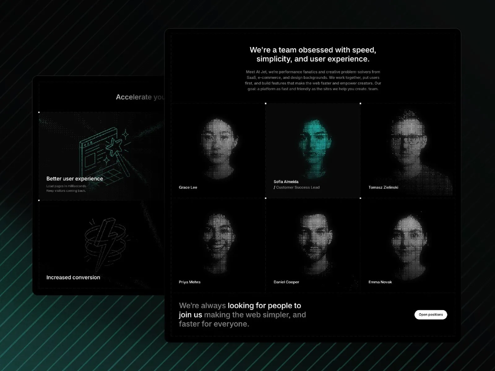 Team photos with focus on speed and user experience.