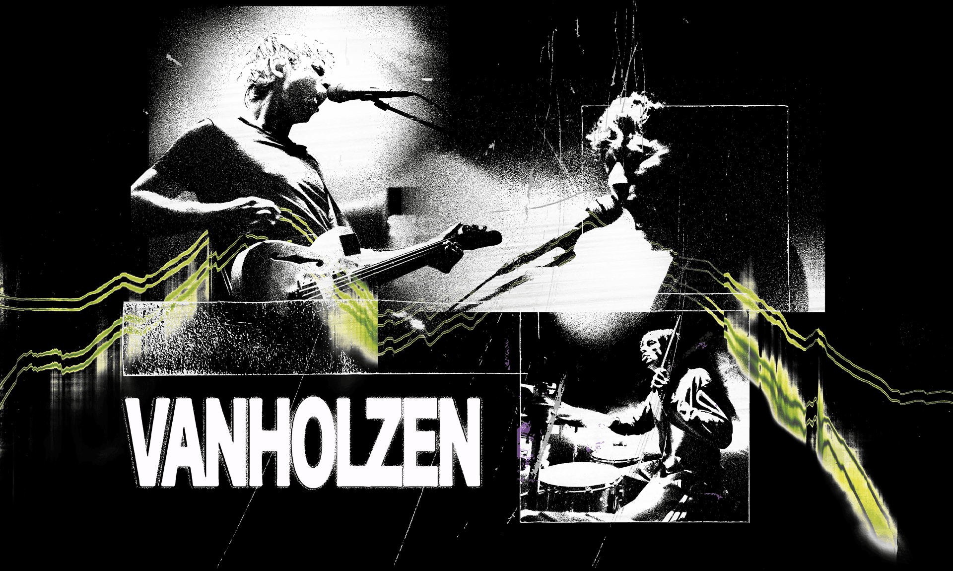 Blau getöntes Livefoto einer Rockband mit Schlagzeug, E-Gitarre und Bass auf der Bühne, darüber der Schriftzug ‚VANHOLZEN‘.
