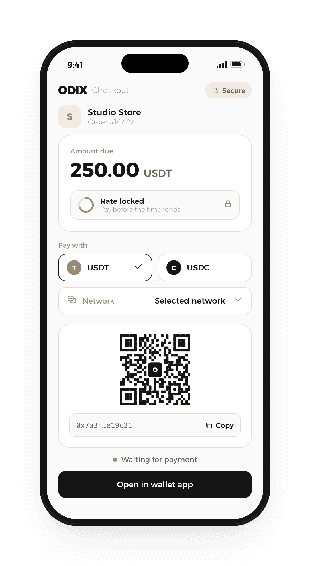 Checkout cripto da ODIX num telemóvel, com o valor a pagar e código QR