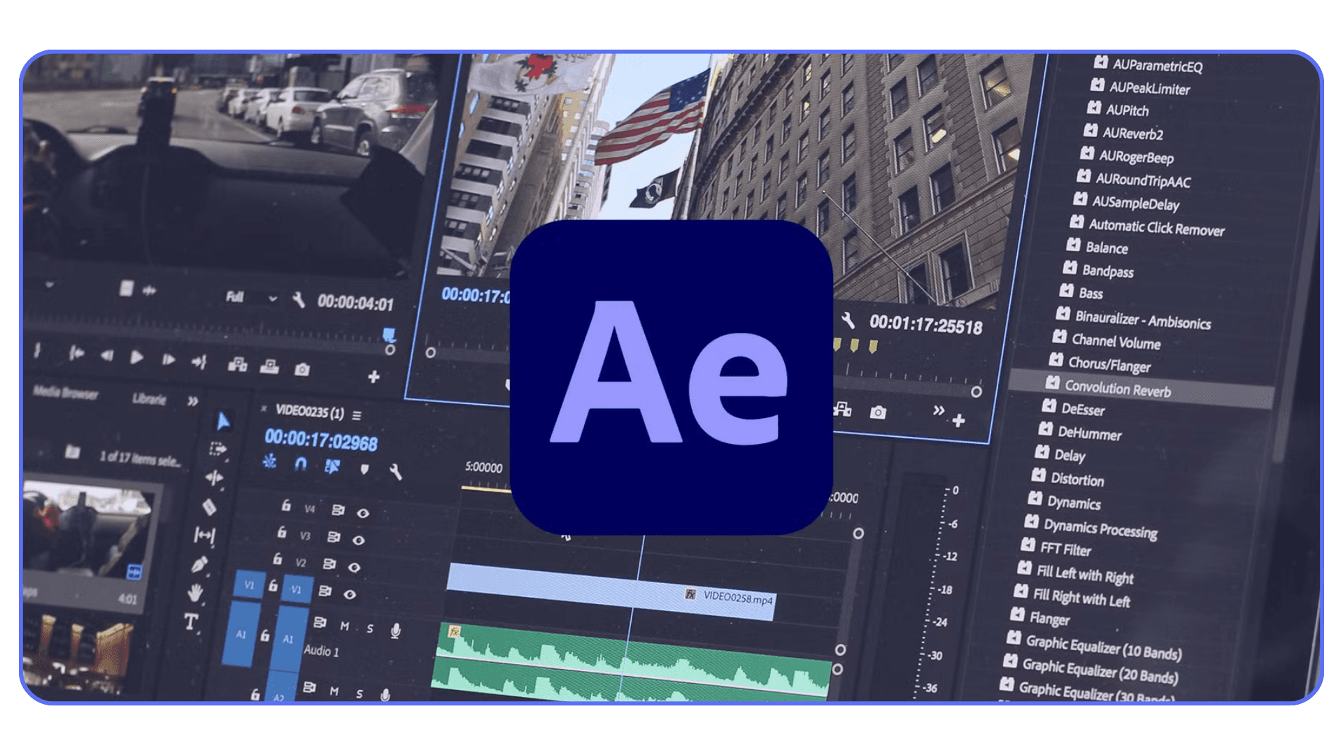 Adobe After Effects logo over a video editing timeline with effects and audio layers