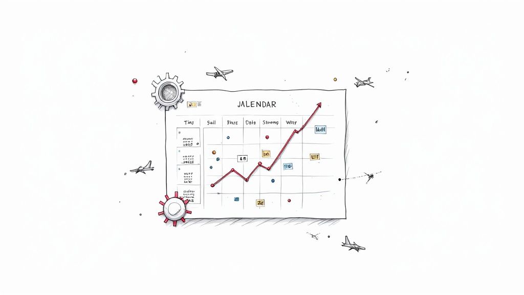 A hand-drawn calendar chart with a red rising line graph, surrounded by gears and airplanes, symbolizing progress.