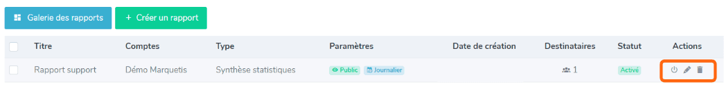 Liste des rapports activés