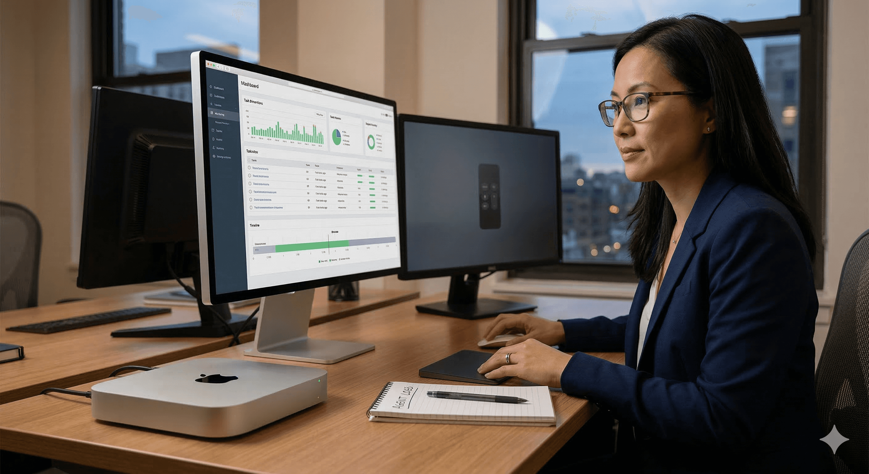A person is working at a wooden desk, using a computer with dual monitors displaying data analytics, accompanied by a Mac mini, in a modern office setting; perfect for illustrating the efficiency and continuous operation of a Perplexity personal computer and AI agent 24/7.