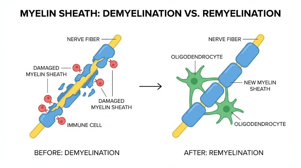 Thymosin beta-4 remyelination process showing oligodendrocyte progenitor cell differentiation