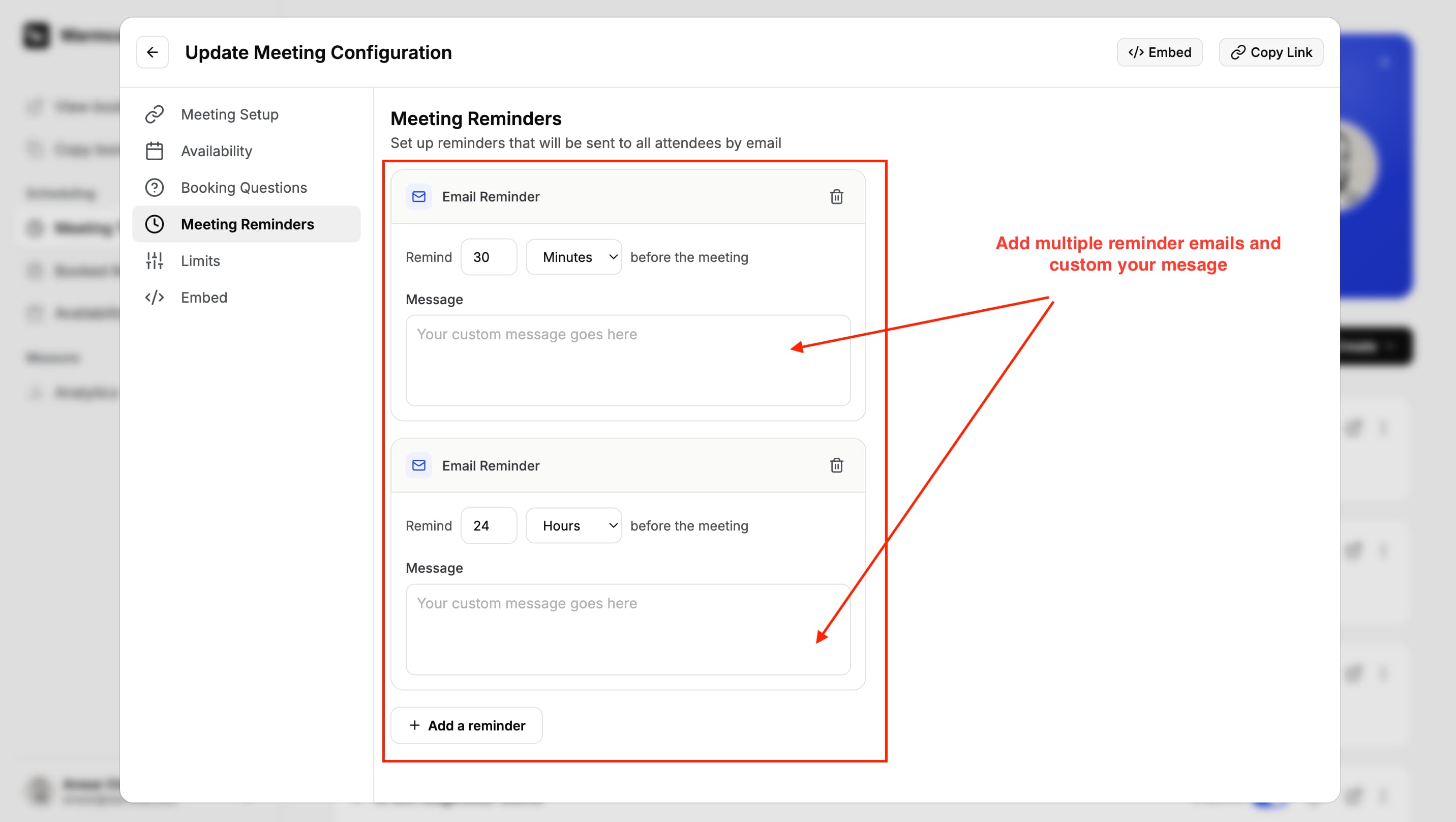 Warmcal reminder settings page showing automated email and notification options