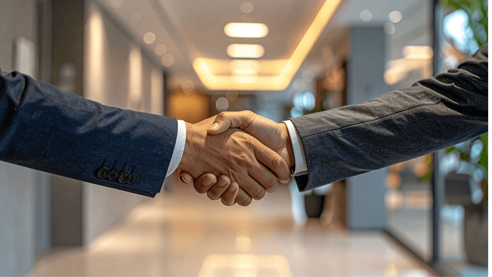 Business partners shaking hands after finalizing a hotel management agreement in a corporate setting | Lunasole Hospitality