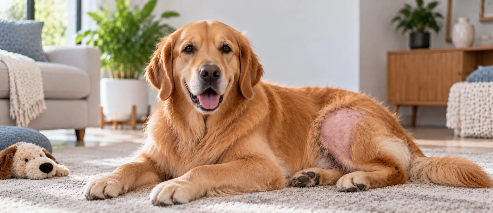 طبيب بيطري يرتدي ملابس الجراحة الزرقاء يبتسم بحرارة وهو يمسك بكلب بيجل هادئ على طاولة فحص معدنية داخل عيادة مشرقة. يعكس المشهد الاهتمام والثقة.