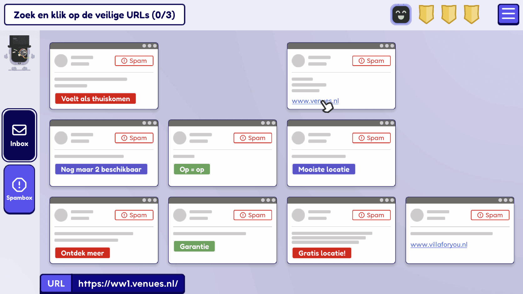 Screenshot uit het spel Clickventure. Volle email box met knoppen en URLs.