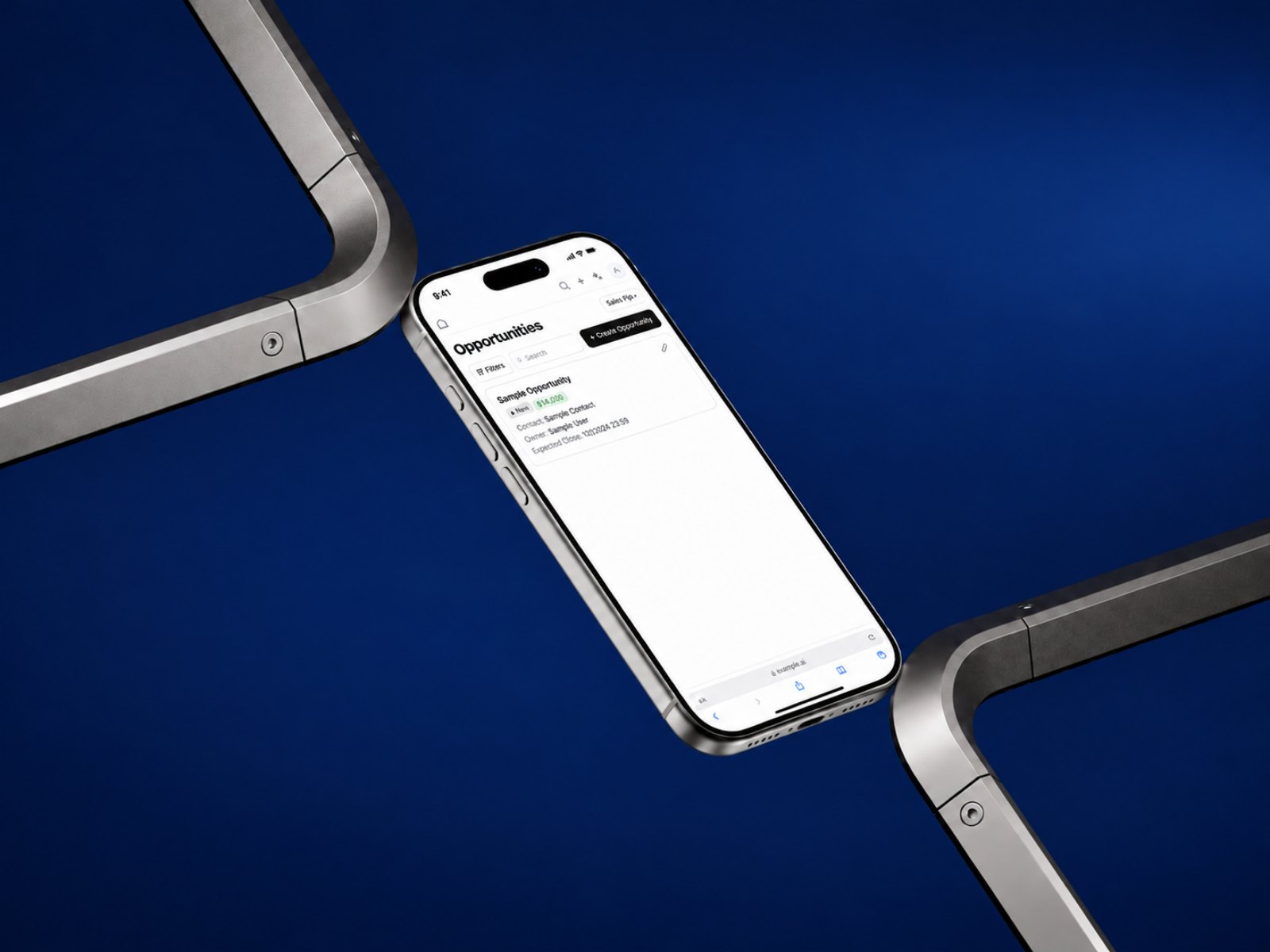 kompot.ai opportunities list on a phone on a blue background