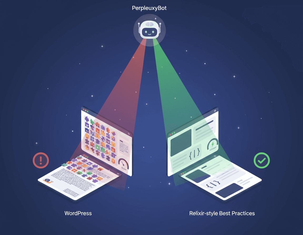 Diagram of PerplexityBot examining cluttered WordPress page versus streamlined Relixir page, highlighting citation