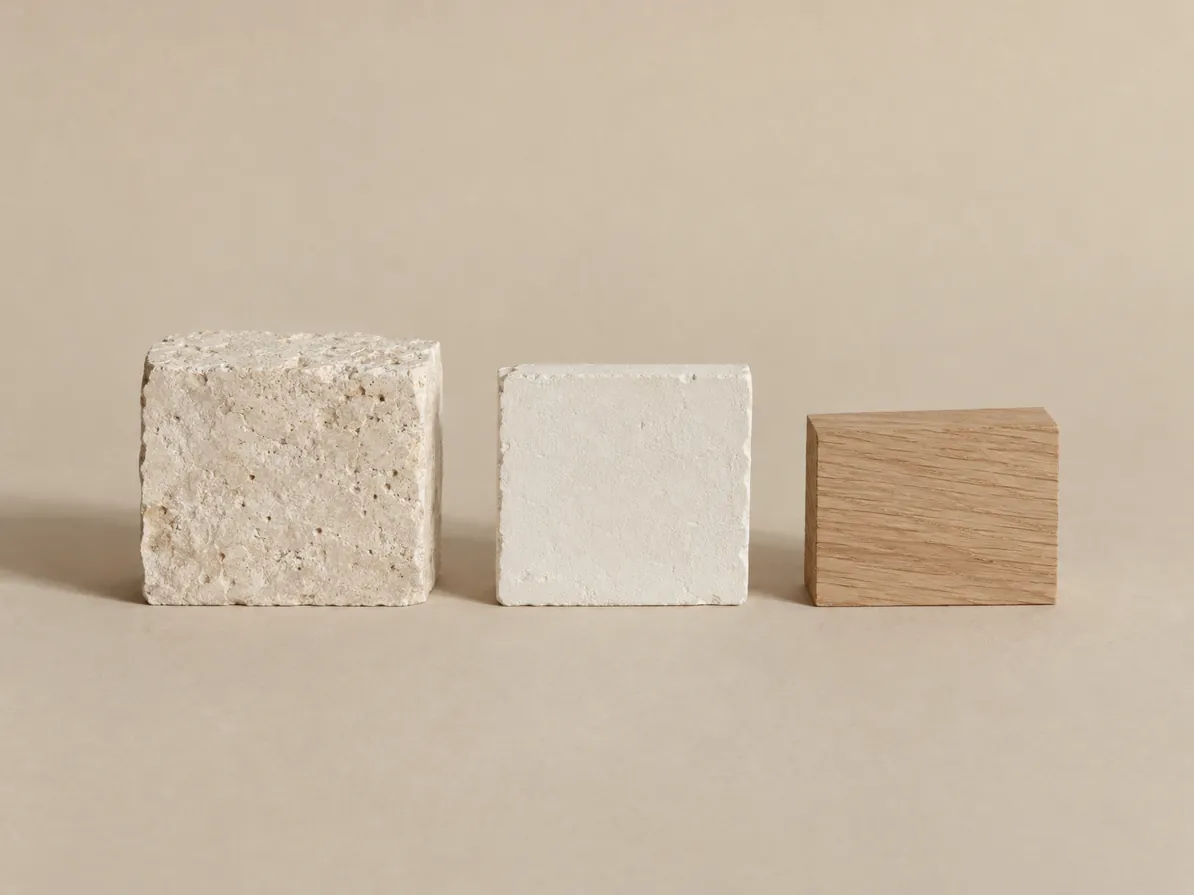 Limestone, white plaster and oak samples in a row on sand