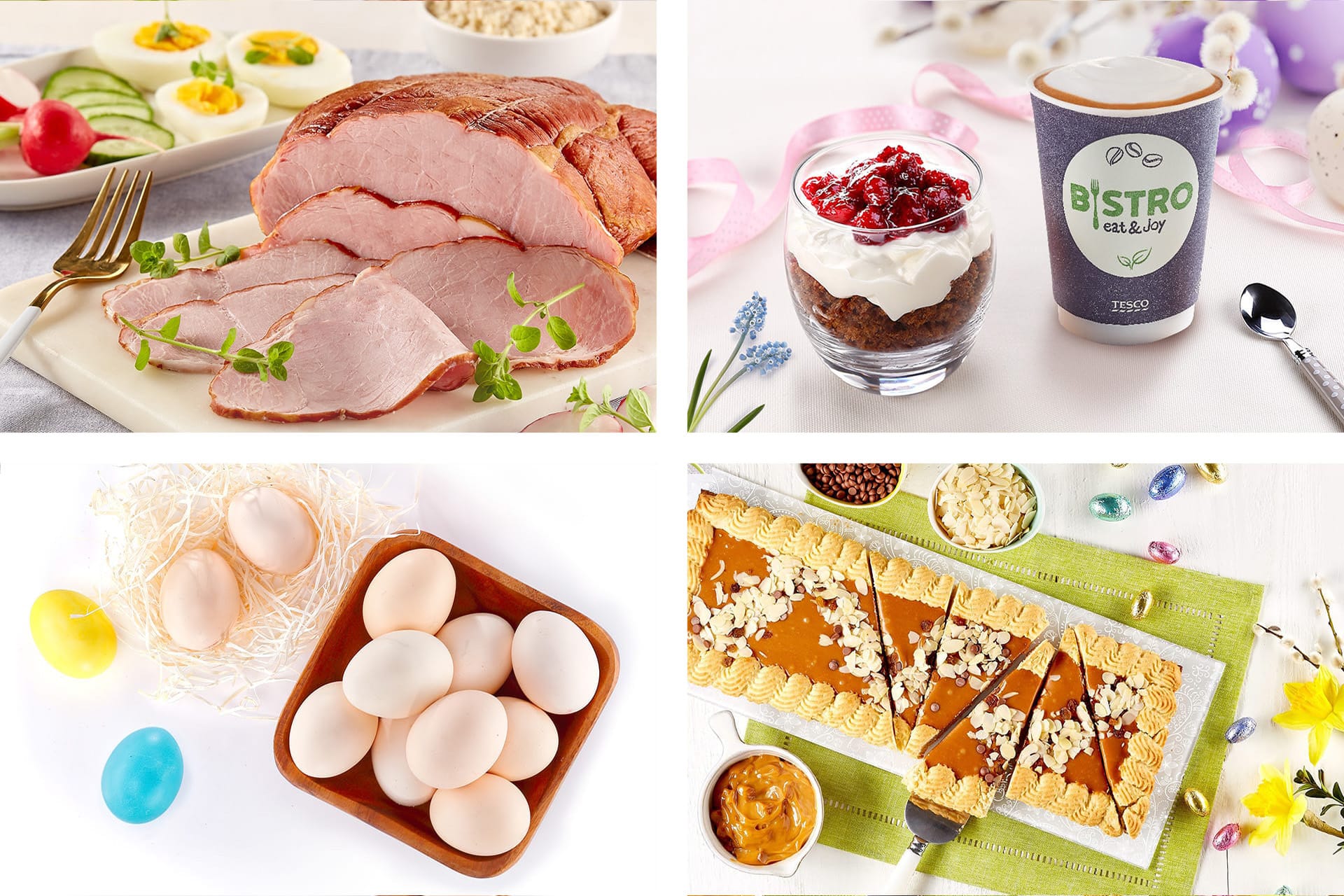 A collage of Easter-themed images featuring slices of glazed ham with greens, a cup of layered dessert beside a yogurt pot, a wooden bowl filled with eggs surrounded by colorful Easter eggs, and a decorative pie garnished with seeds on a white tablecloth.