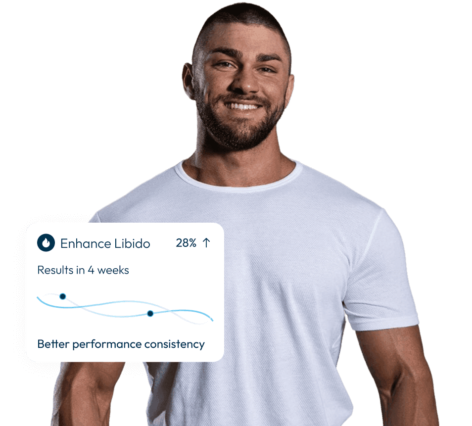 A man with an illustration of his health metrics improvement