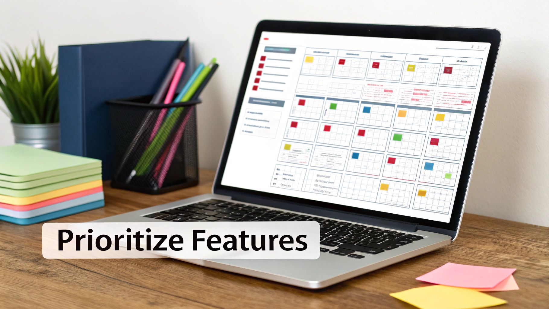 A laptop screen displays a product roadmap with colored feature cards, highlighting "Prioritize Features" on a wooden desk.