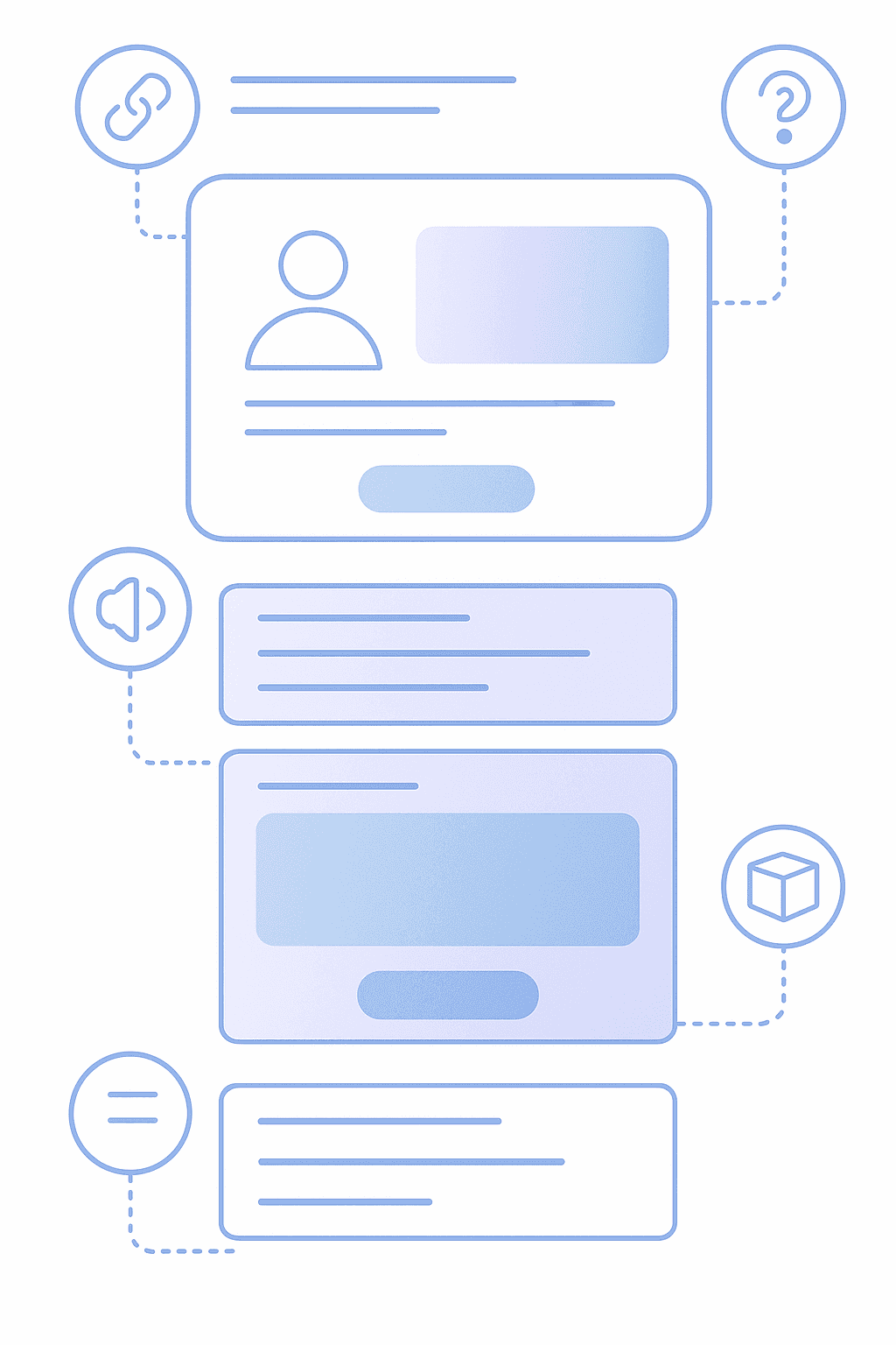 Landing page wireframe with highlighted areas linked to icons for FAQ, breadcrumbs, speakable, and product schema types.