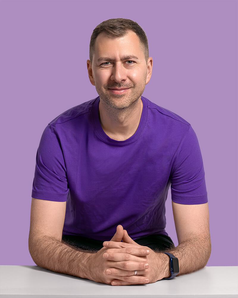 A photo of me, a white male, wearing a purple t-shirt