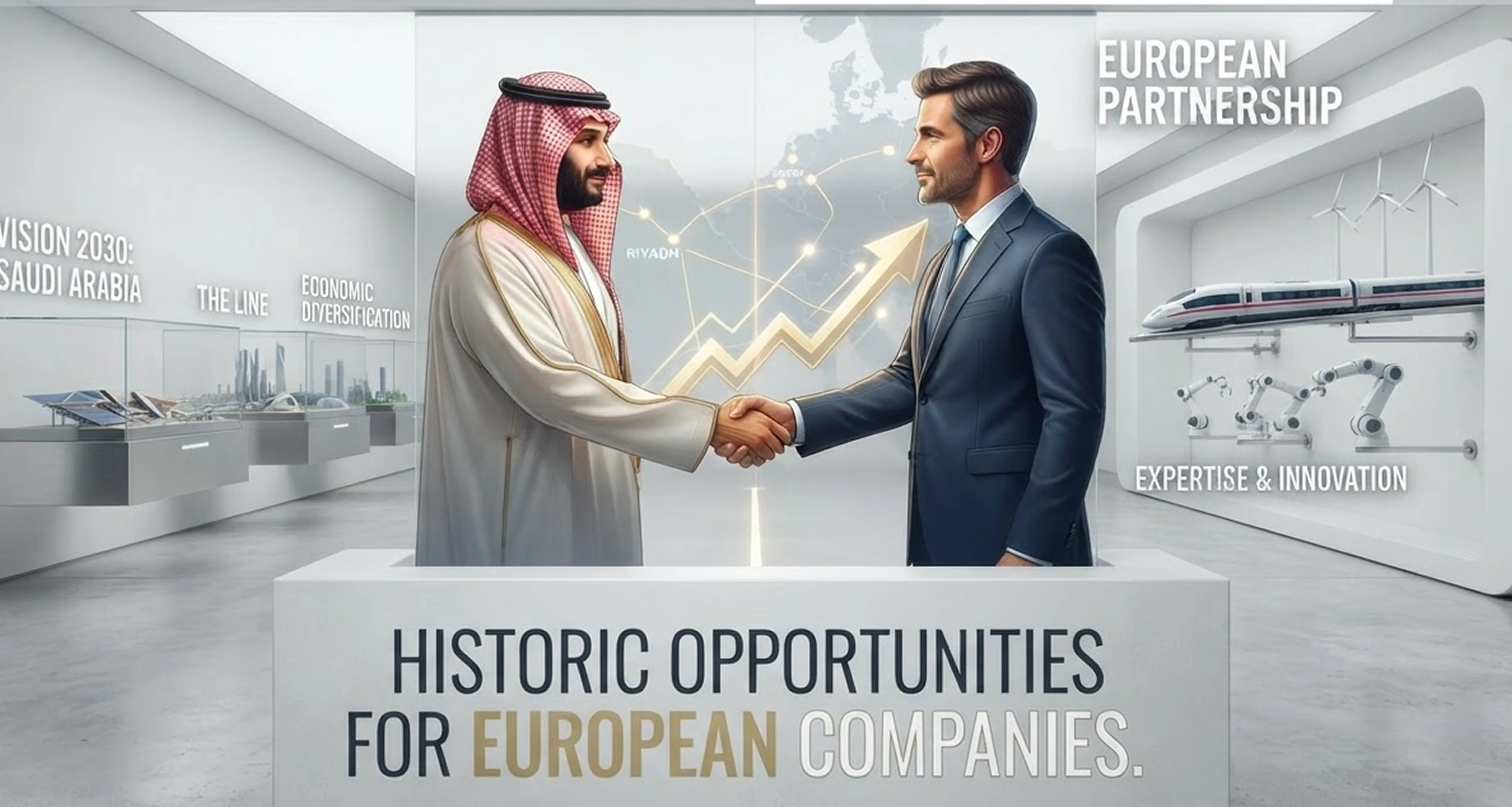 Illustration of Saudi and European businessmen shaking hands on partnership