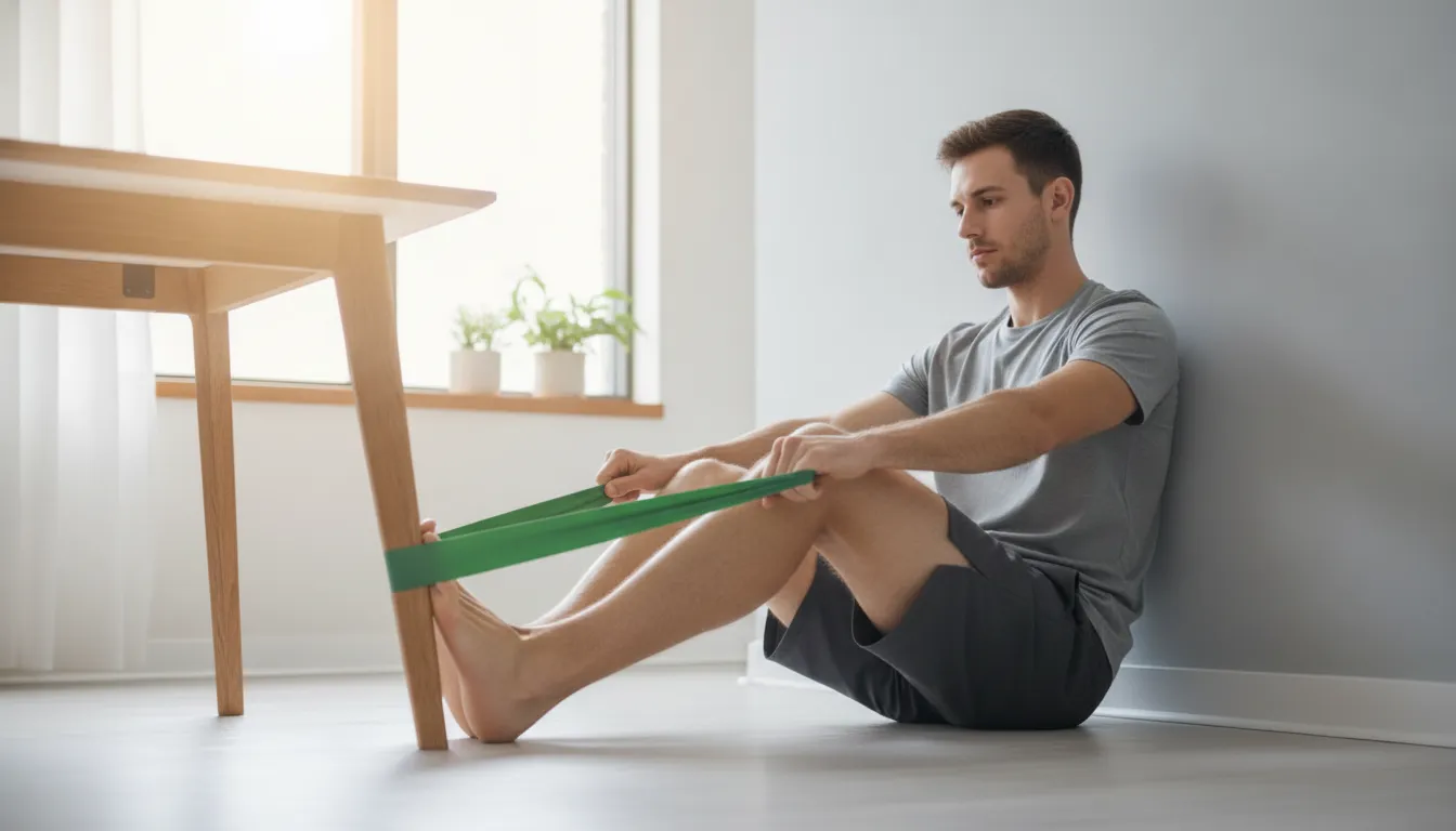 Runner performing controlled ankle rehabilitation with a resistance band