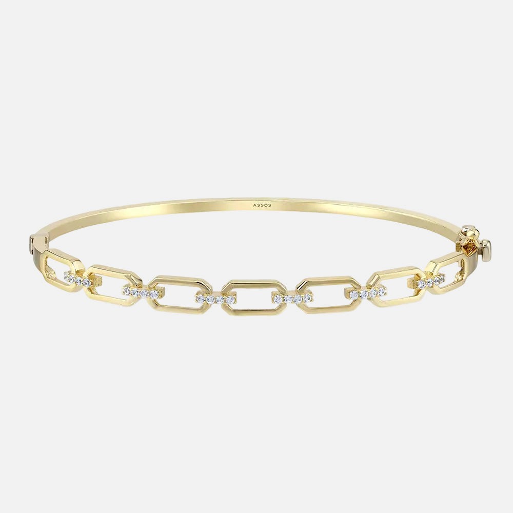 Assos 14 Ayar Sarı Altın Taşlı Zincir Desenli Kelepçe Bilezik