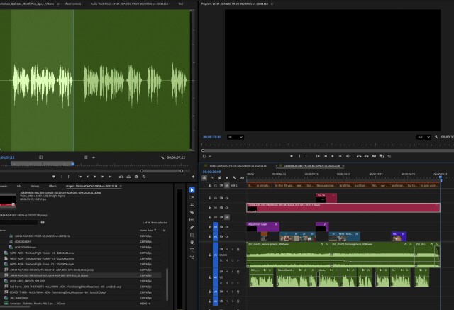 A computer screen displays a video editing software interface with audio waveforms, video tracks, and a project media bin visible.