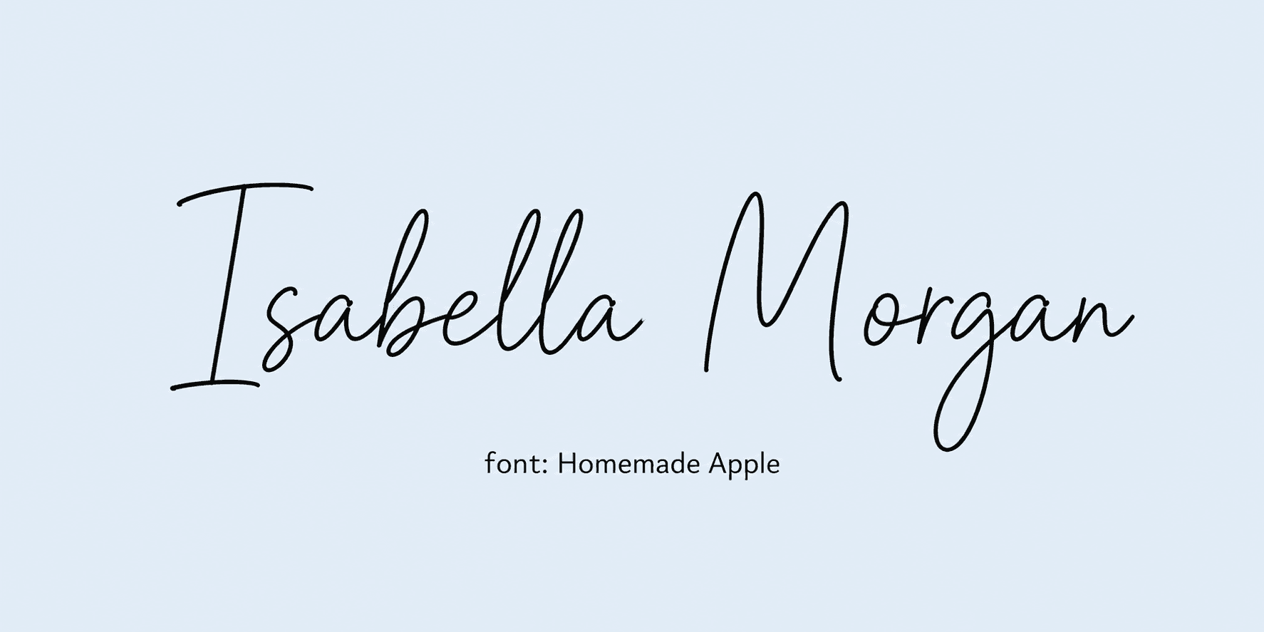 Sample name signed in a cursive signature font on a light background, with the font name labeled below.