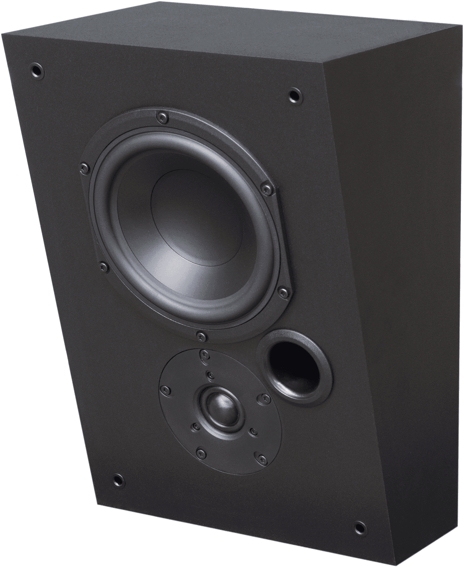 Black speaker with woofer and tweeter drivers.