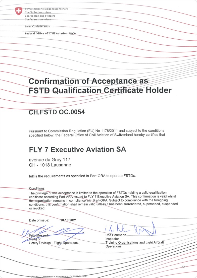 Confirmation of acceptance as FSTD qualification certificate holder