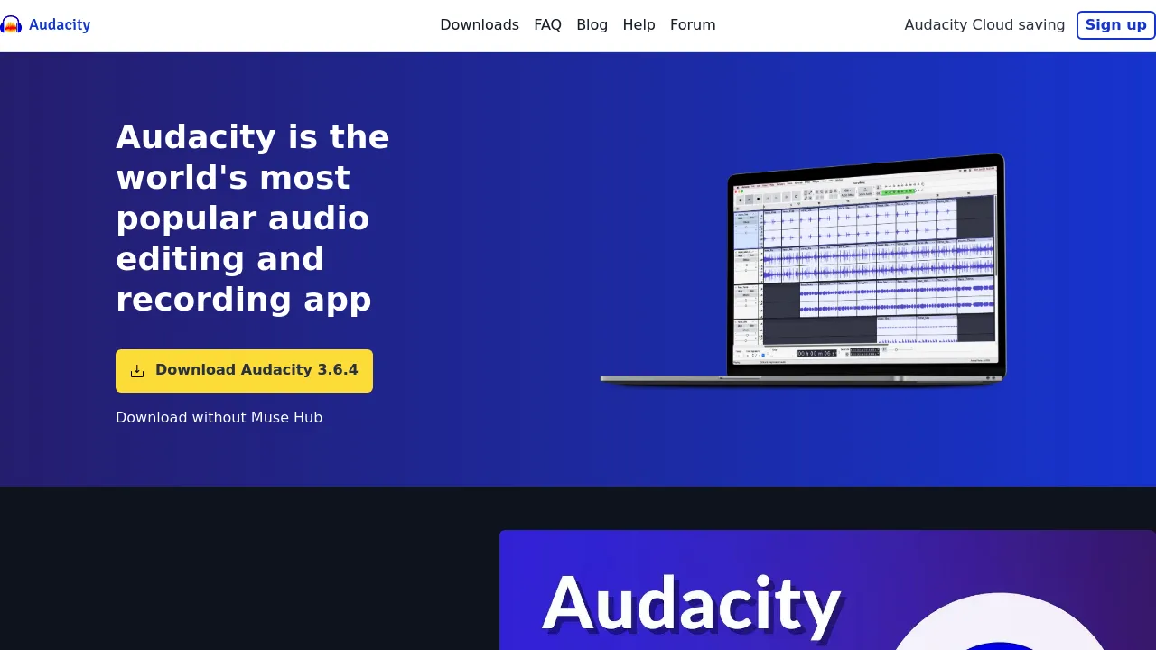 Screenshot of the Audacity website presenting free audio editing software details