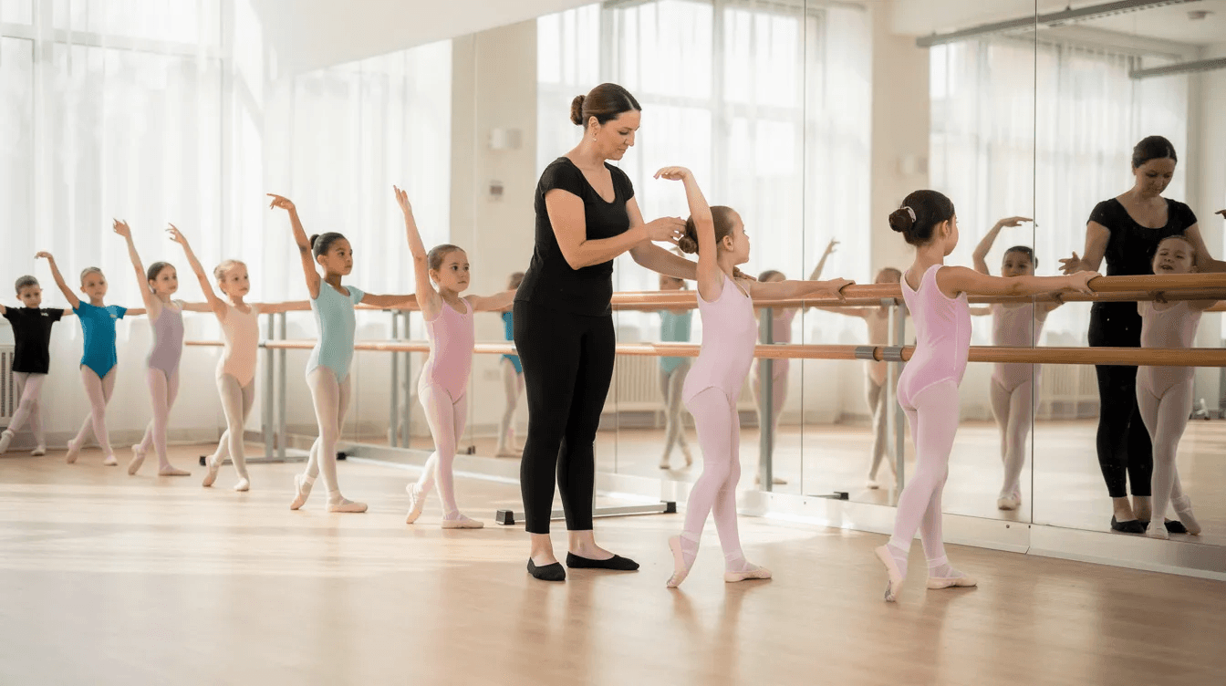 The image depicts a bright and spacious dance studio where young ballet students are practicing at a ballet barre, guided by an attentive instructor. The scene captures the essence of class scheduling and management, emphasizing the importance of organized class registrations and the nurturing environment for upcoming classes.