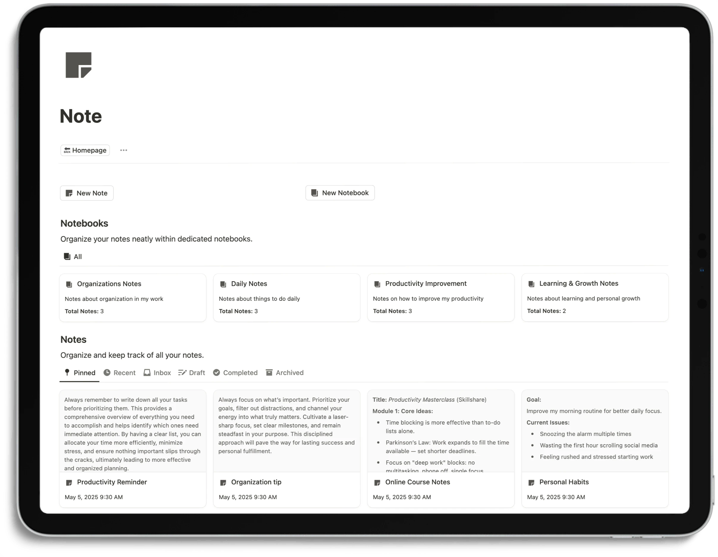 Notion Productivity System - Note