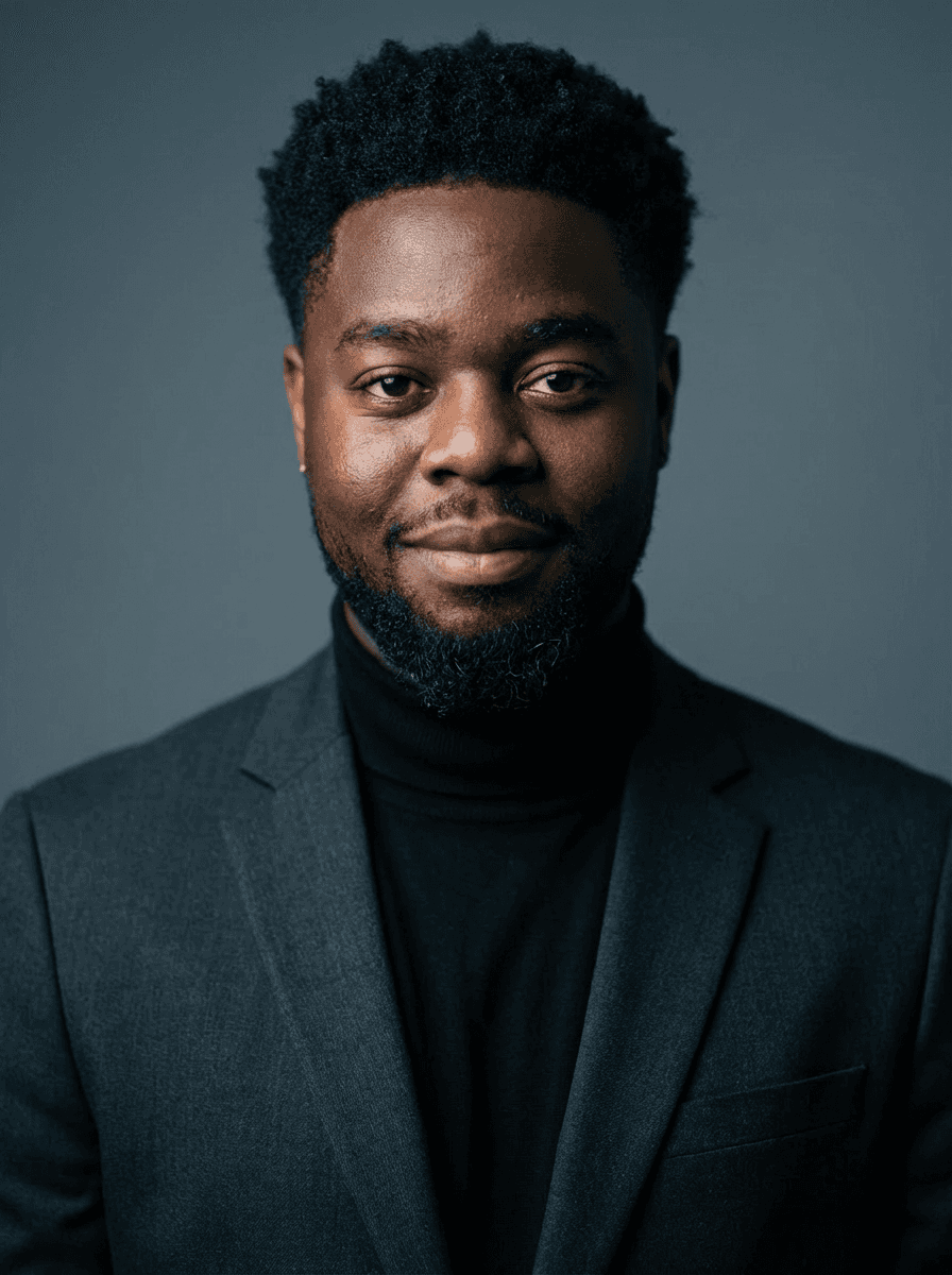 Portrait of a young man with short hair, wearing a dark t-shirt, against a plain background.