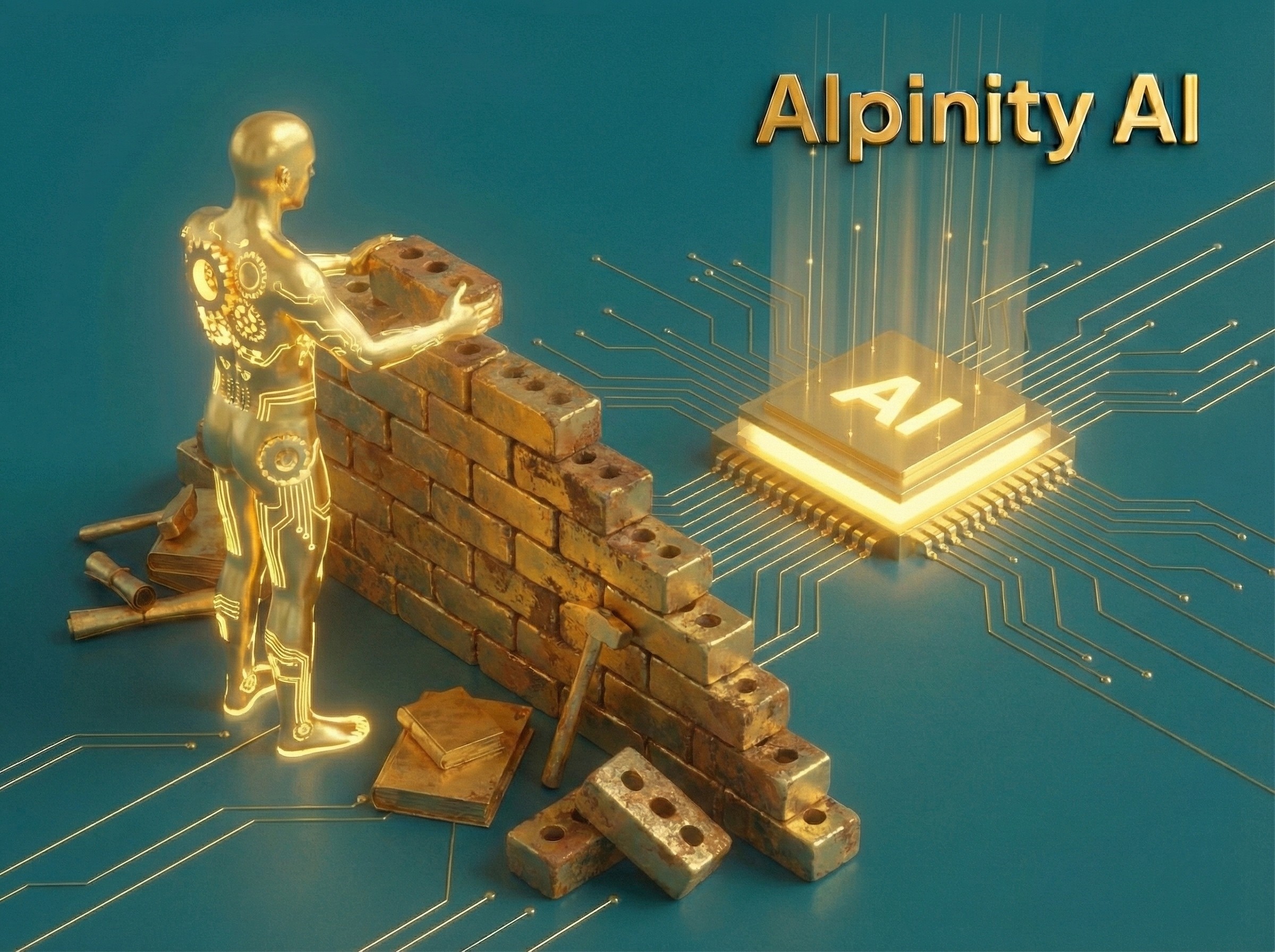 Leuchtende menschliche Figur baut eine Mauer aus alten Ziegeln, die den Zugang zu einem modernen goldenen KI-Chip blockiert, symbolisiert Kulturwiderstand.