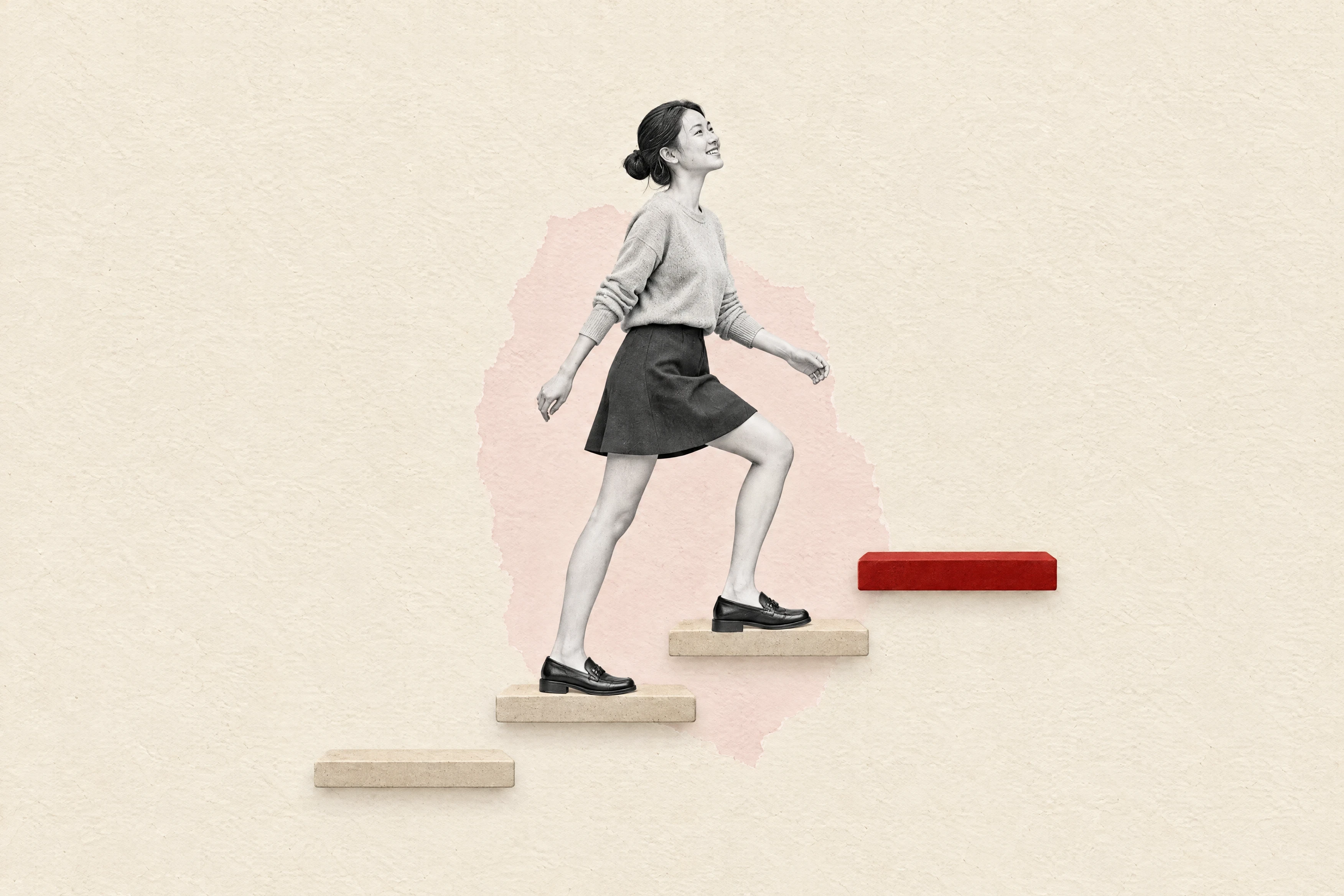 Collage of a smiling woman climbing sand-coloured concrete steps in front of a blush torn-paper patch on cream paper, about to step up to a single red step at the top.
