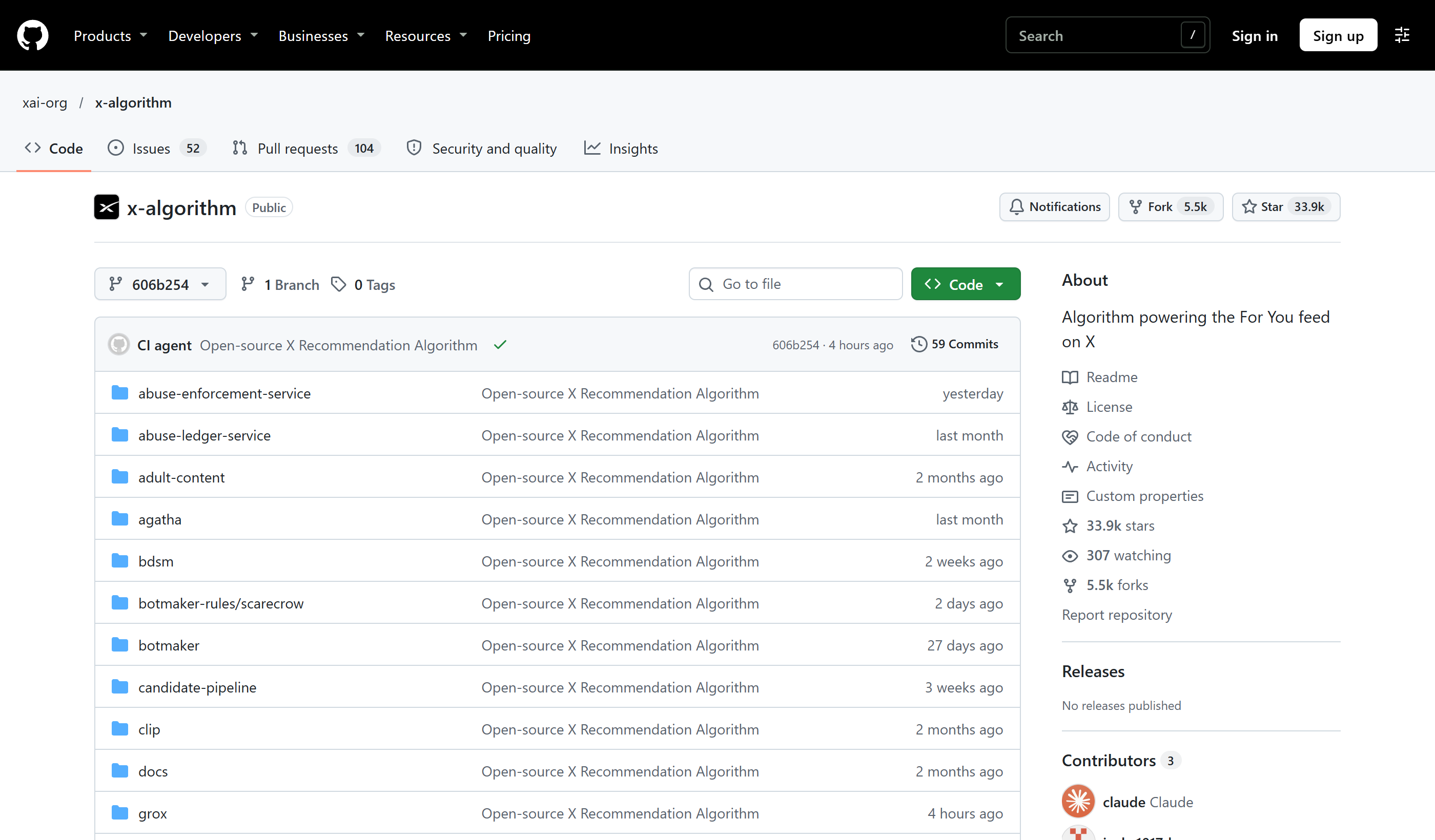 The xai-org/x-algorithm GitHub repository at commit 606b254, showing its top-level folders, 33.9k stars and 5.5k forks