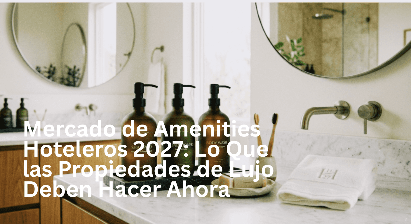 Elegante escena de baño con tres botellas ámbar etiquetadas como champú, acondicionador y gel de ducha sobre una encimera de mármol. Cerca se encuentran dos cepillos de dientes en un soporte, una jabonera y una toalla doblada. Un espejo redondo y una iluminación tenue crean un ambiente sereno, similar al de un spa.