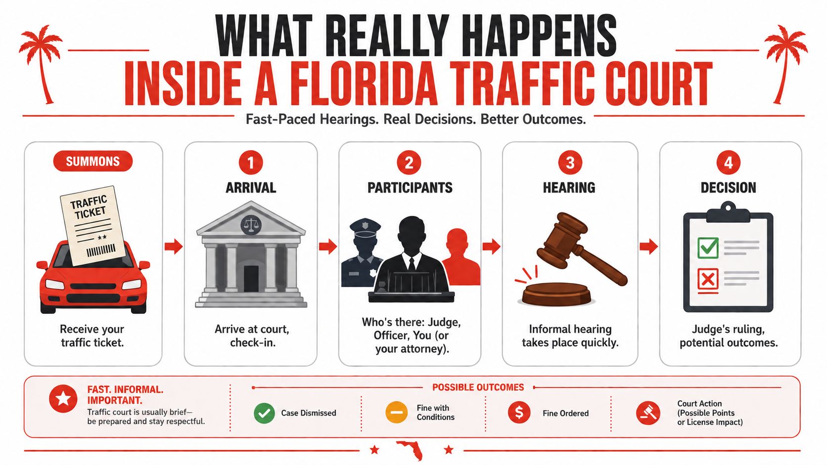 A step-by-step infographic illustrating the process of attending a Florida traffic court hearing for a ticket.