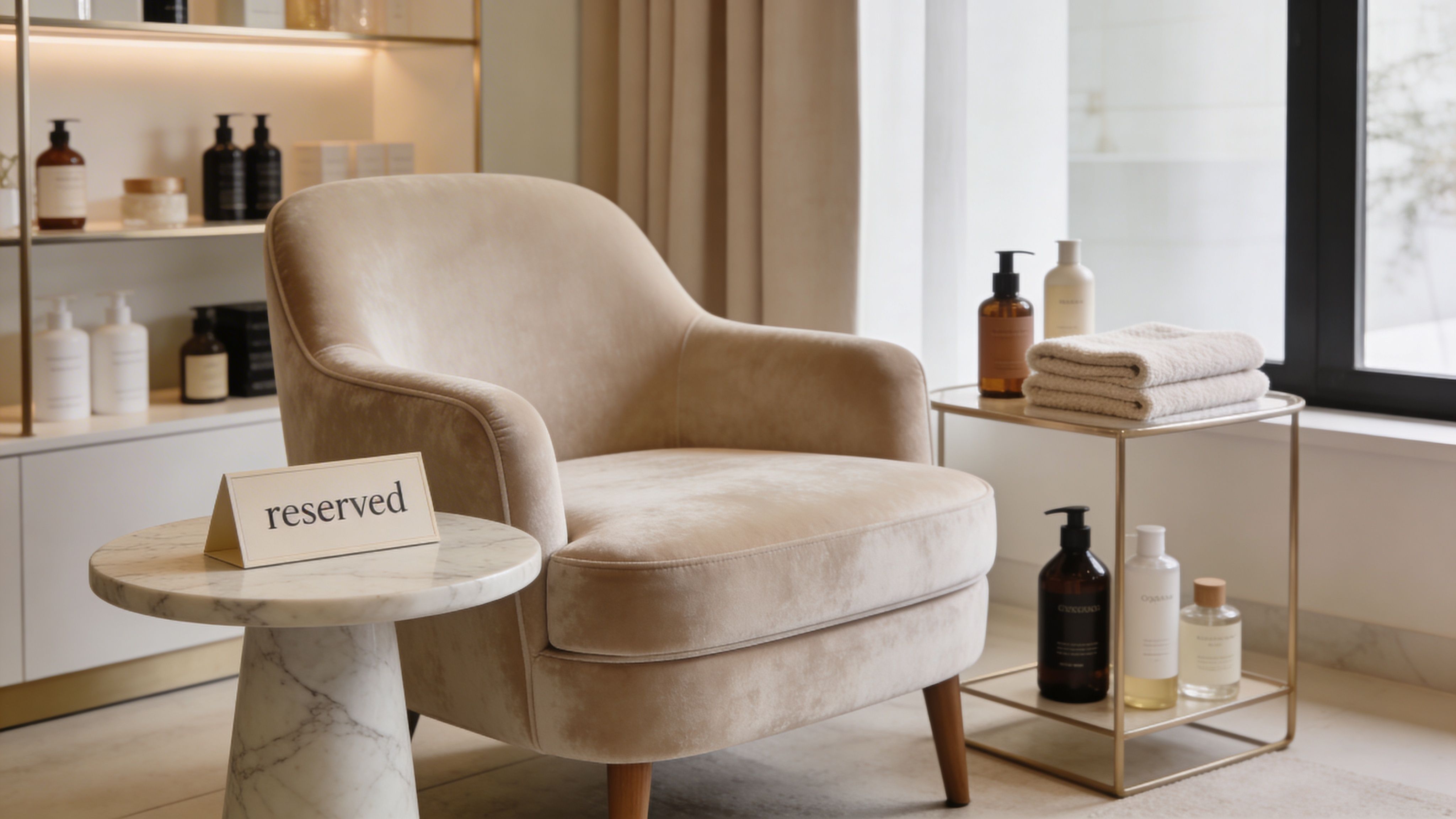 A salon with a chair and a reserved sign