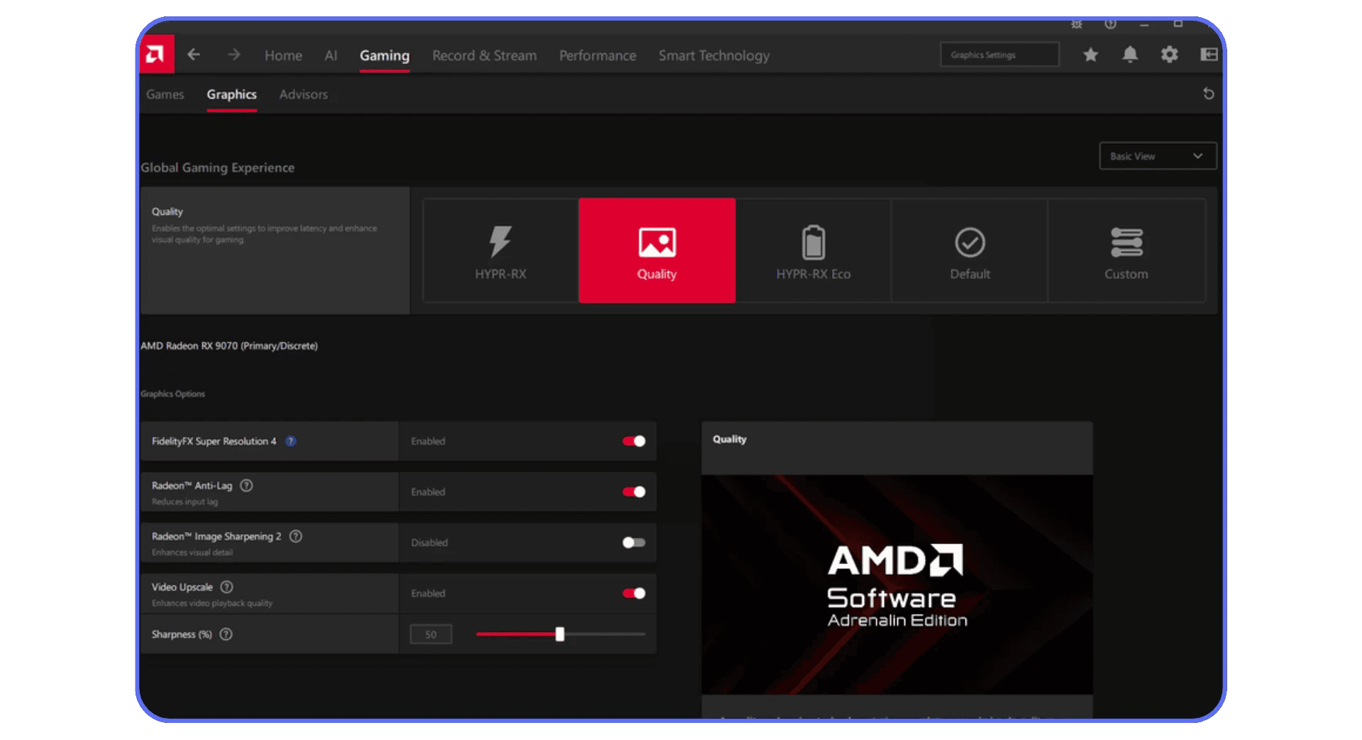 AMD Adrenalin Edition interface showing Radeon graphics options like FSR, Anti-Lag, and video upscaling for performance optimization.