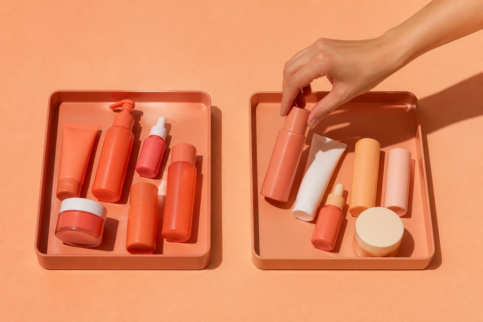 Coral skincare arranged on a terracotta surface