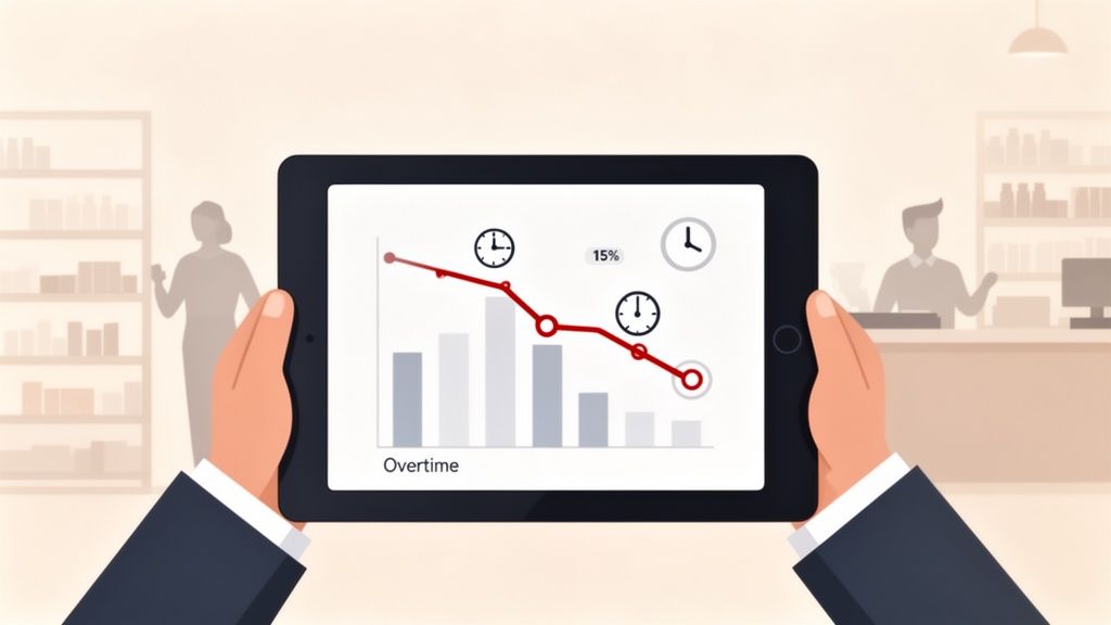 Hands holding a tablet displaying a graph showing a decrease in employee overtime hours, with clock icons and 15% savings.