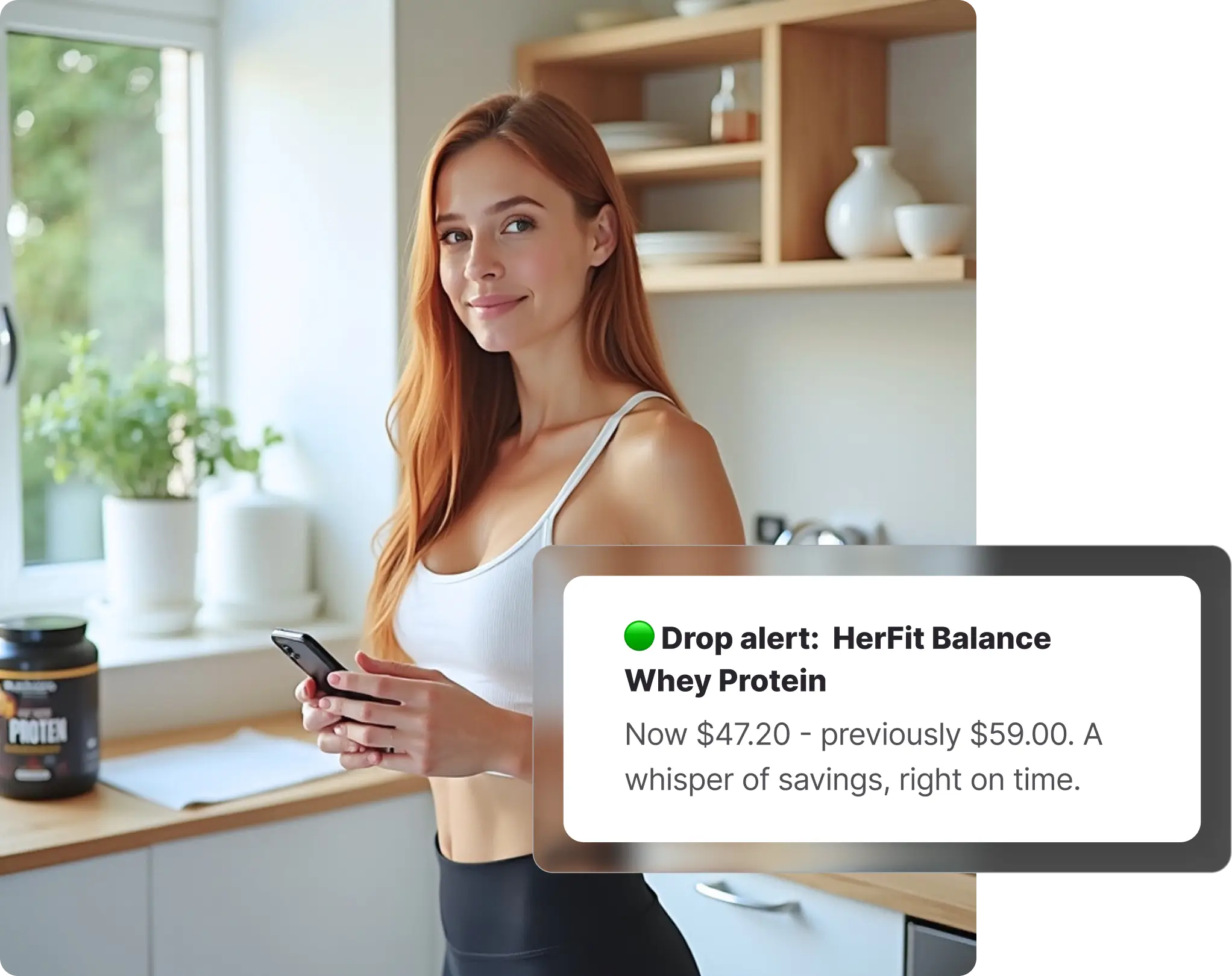 Whisprice price drop alert showing an Adore Beauty product named HerFit Balance Whey Protein dropping to $47.20 from $59.00, providing a whisper of savings right on time.