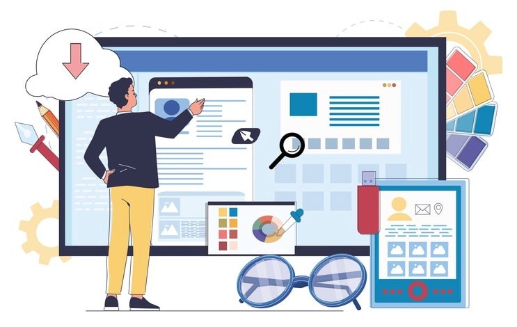 The image depicts a developer's workspace filled with multiple design tools and code editors open simultaneously, showcasing a cohesive visual language with various design elements. The arrangement creates a visual rhythm, emphasizing the importance of balance and contrast in the design process, while the ample white space allows for a clearer focus on the important details.