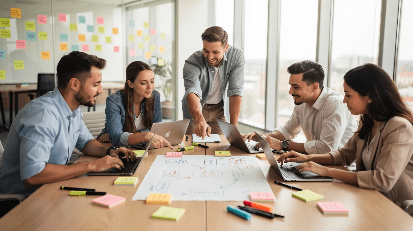 Un equipo de trabajo colabora alrededor de una mesa, utilizando laptops y notas de planificación, mientras discuten estrategias de SEO y SEM para mejorar la visibilidad de su sitio web en los motores de búsqueda. La escena refleja un ambiente dinámico enfocado en optimizar resultados y aumentar el tráfico hacia su página web.