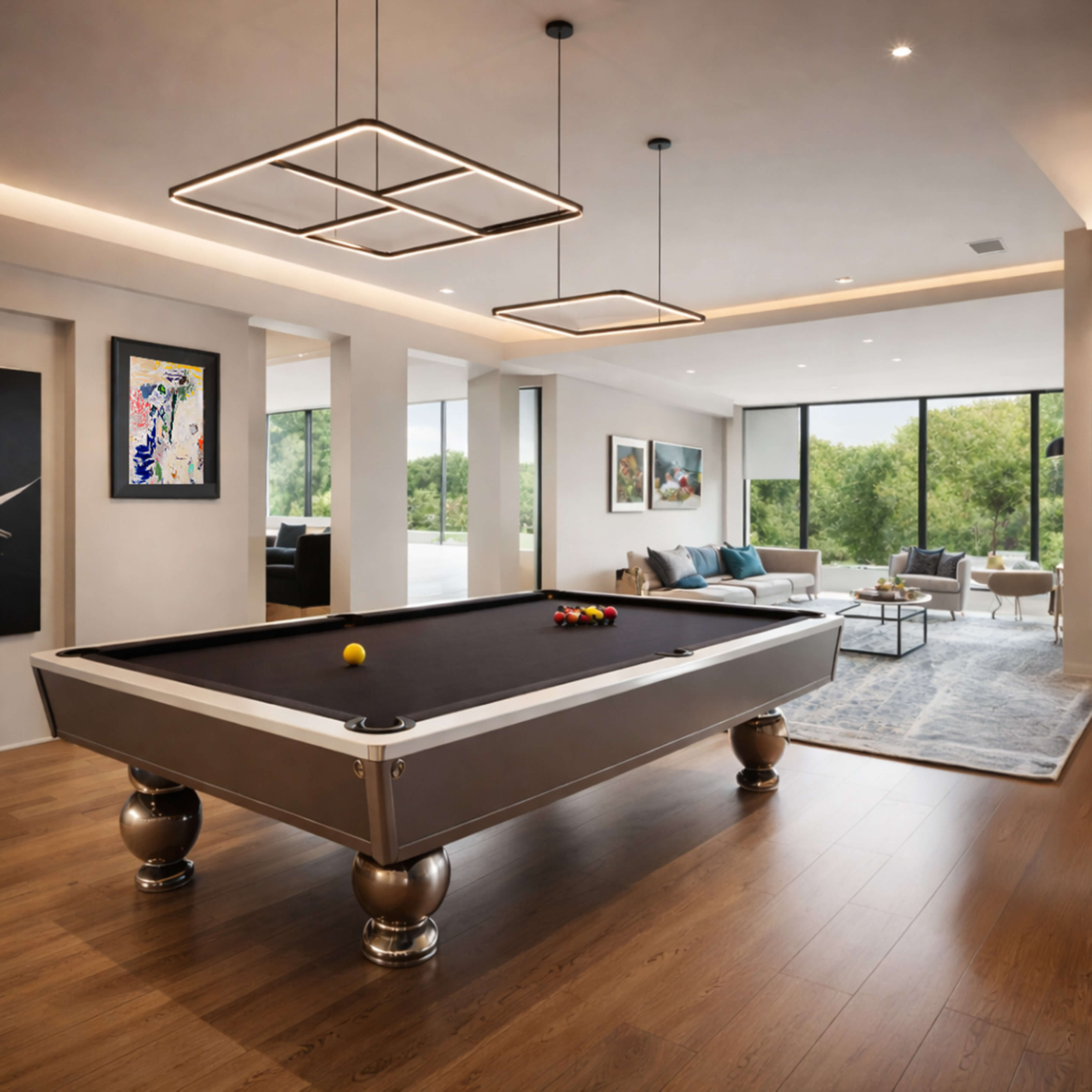 Modern open-concept game room with a sleek pool table, sculptural lighting, and integrated living space.