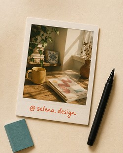 A Polaroid photo of a mug, books, and dried flowers on a wooden table near a window, placed next to a black marker and a small green notebook.