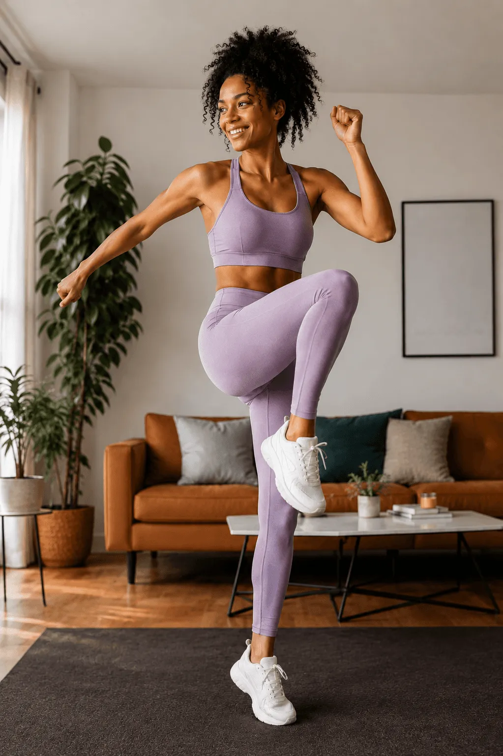 Woman performing a cardio knee raise exercise indoors