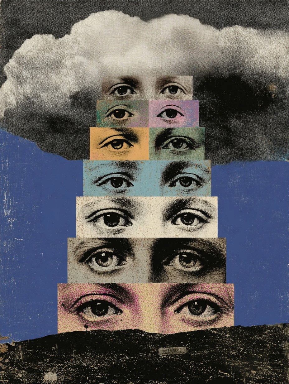 Abstract collage combining eyes, clouds, and human forms, representing layers of vision and consciousness.