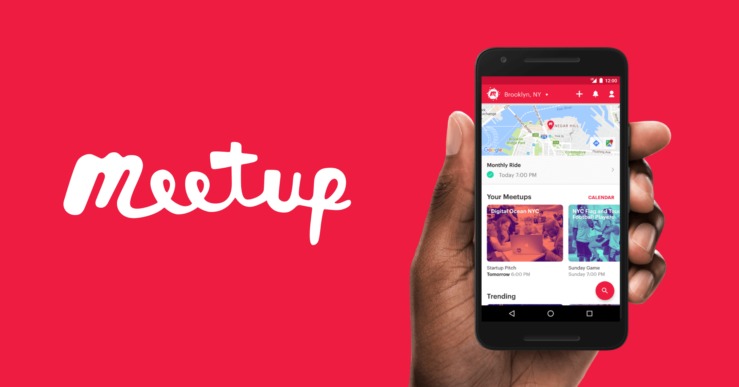 Meetup's logo next to a hand holding a smart phone with the Meetup app on the screen