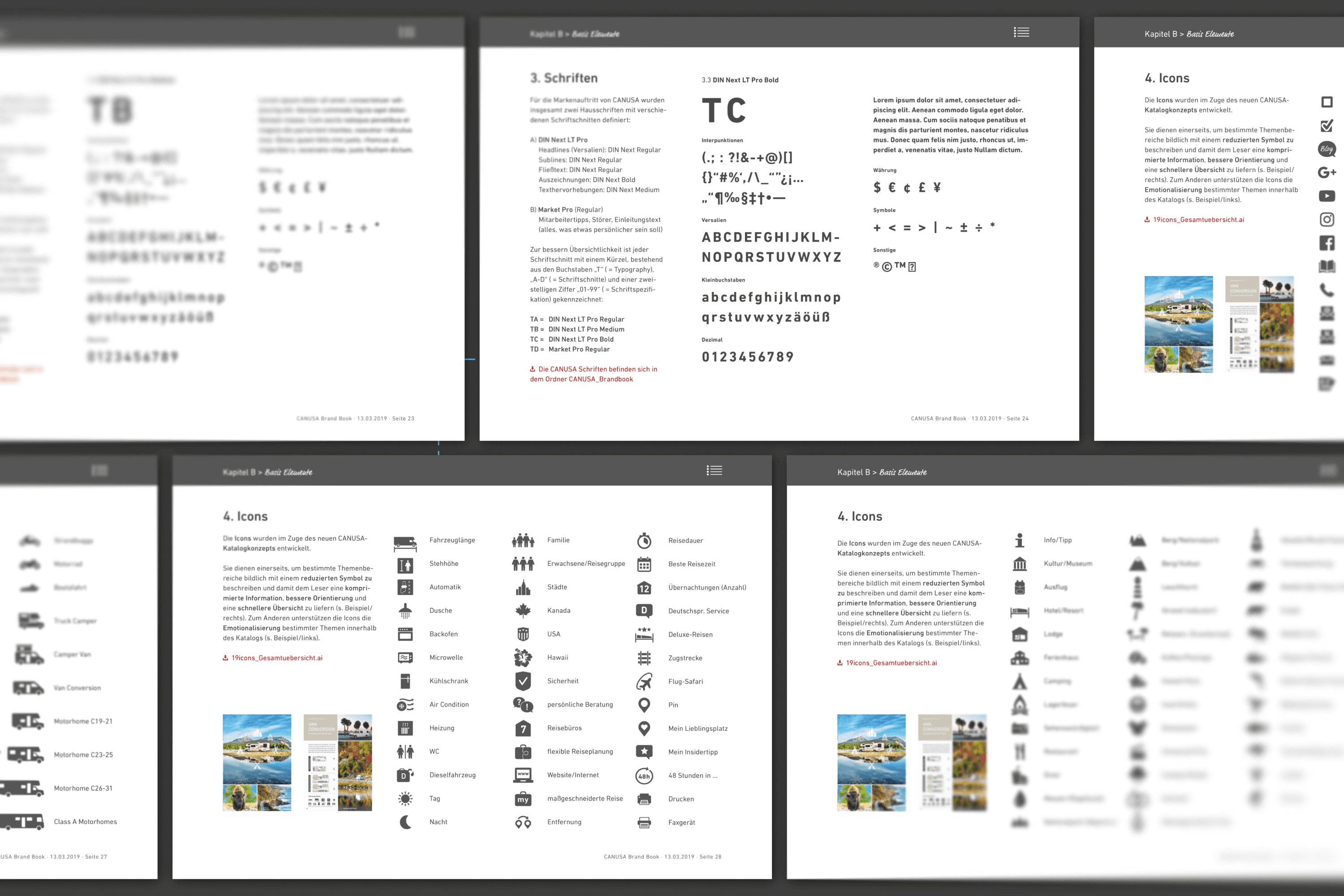 Brand book page showing font samples and icons.
